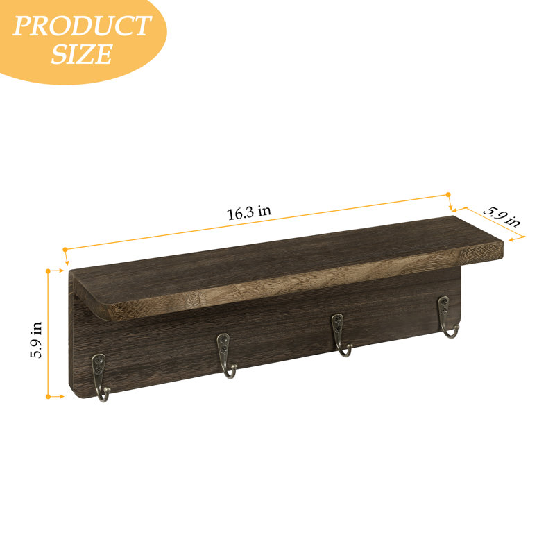 Solid Wood Wall Organizer with Key Hooks, Brown