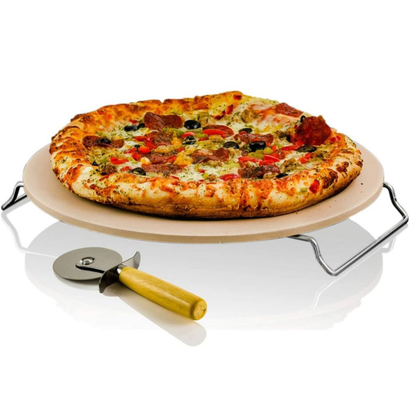 Beige Ceramic 13 Inch Pizza Stone Set with Cutter and Rack