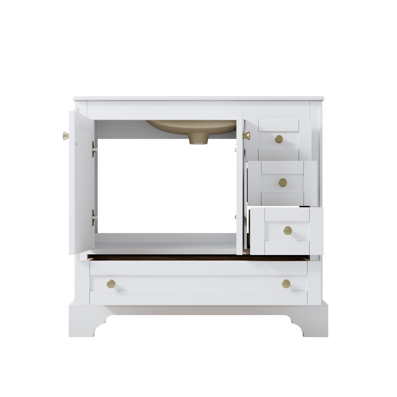 Modern 36" W X 34.1" H Bath Solid Wood Vanity, Cupc Ceramic Basin, And Gold Aluminum Handles,DTC Soft-Close Hinges, White