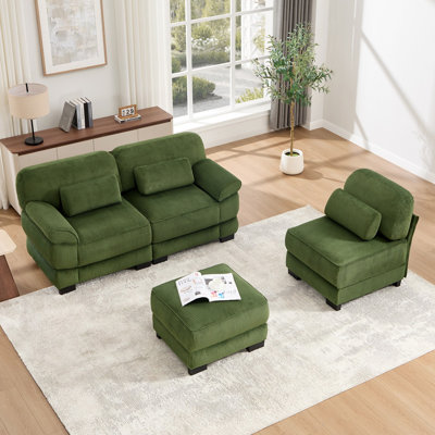 Canapé d'angle modulaire surdimensionné en forme de L, canapé trois places avec pouf, tissu velours côtelé, pour salon, chambre ou appartement