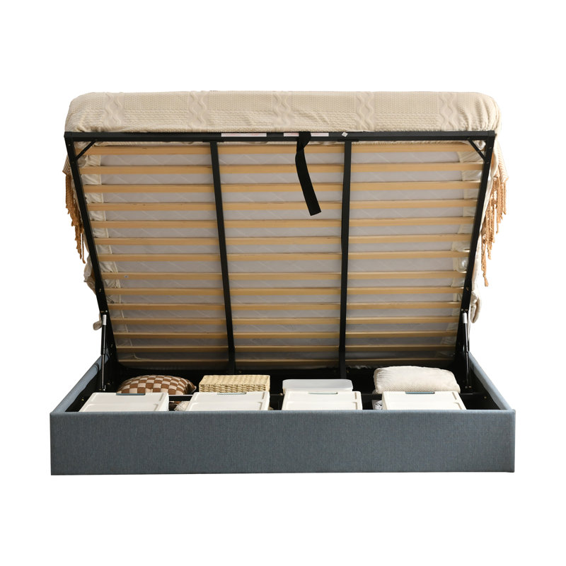 Lit plateforme tapissier avec rangement à levage hydraulique, tête de lit rembourrée, aucun sommier requis, Très grand