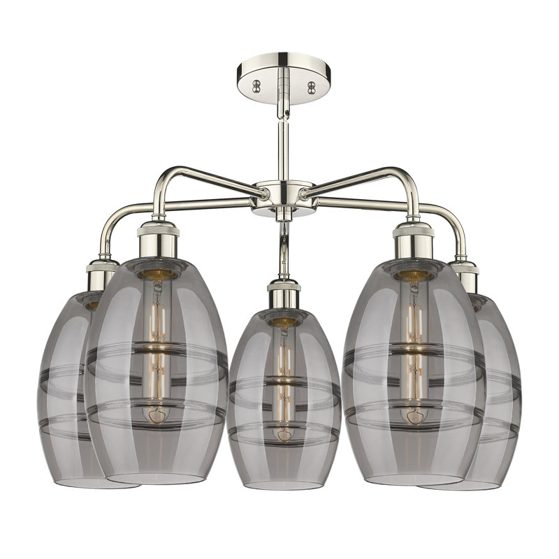 Lustre rond / ovale à abat-jour 5 lumières, Gris fumée clair, H 13,63 po x l 23,88 po x P 23,88 po, Nickel poli