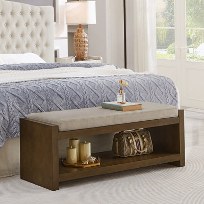 Banc d'appoint de 47 po avec étagère à chaussures inférieure, banc de siège rembourré pour le salon, banc de bout de lit compact moderne avec rangement pour sièges de chambre à coucher, coussin amovible, l 47 po de largeur