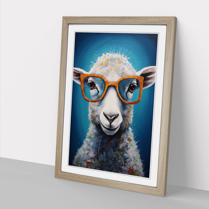 Sheep with Glasses Painting - Framed Print, Oak , 64cm H x 46cm W x 2cm D