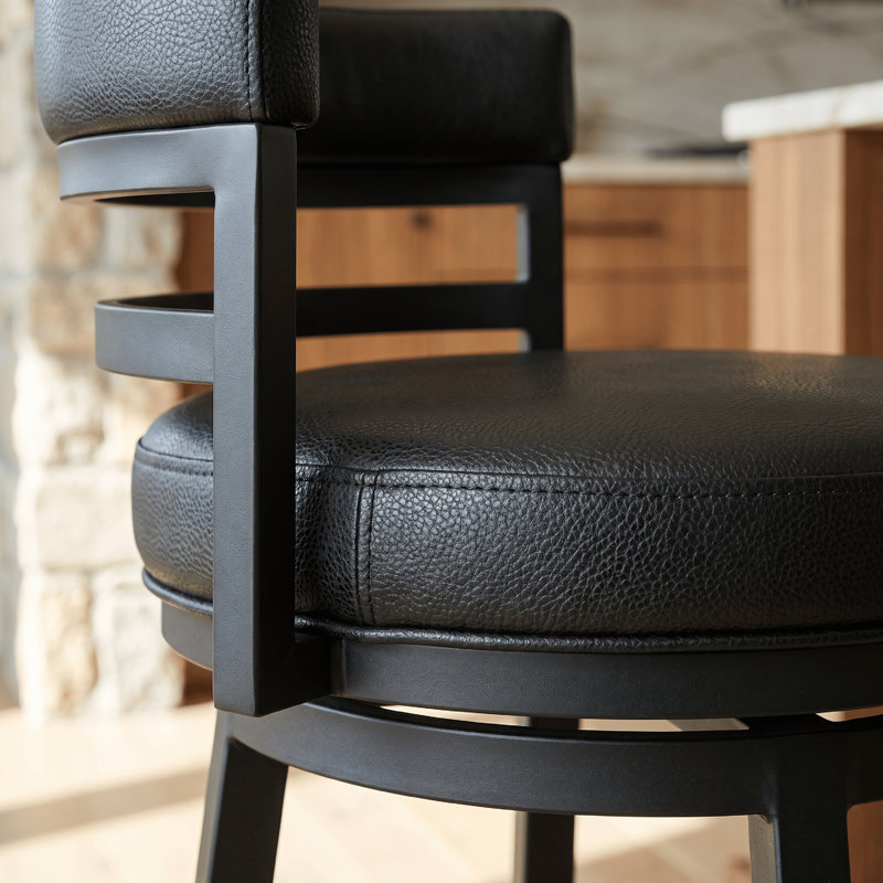Deherrera Modern Swivel Counter or Bar Stool with Open Low Back and Footrest in Metal and Faux Leather, Black, Ford Black