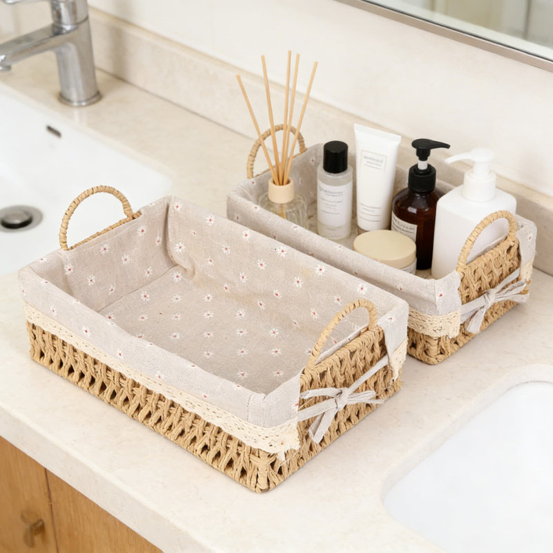 Handwoven Paper Rope Storage Baskets With Liner, Set Of 2 Rectangular Woven Shelf Organizers With Handles For Home Organization In Living Room, Bedroom, Or Bathroom