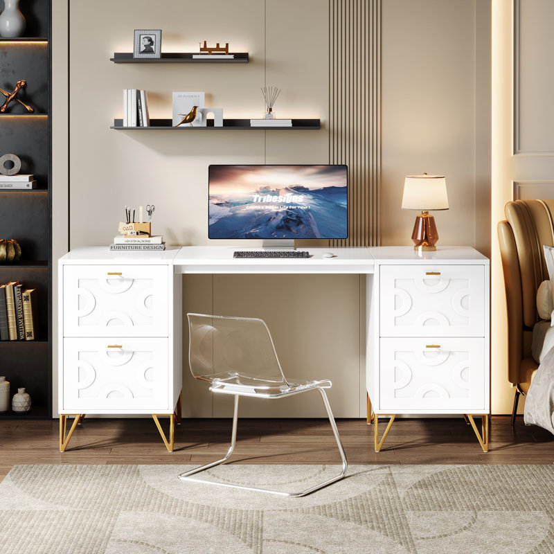 59''Computer Desk with File Drawers, White
