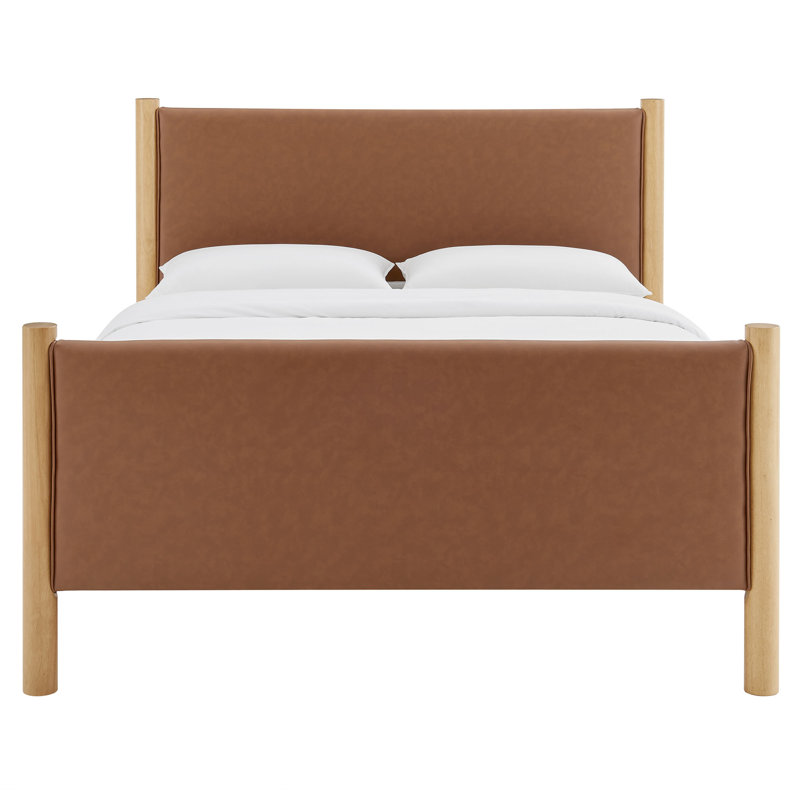 Lit plateforme tapissier en cuir Maven, Bois massif et bois manufacturé, Complète, Tanoak