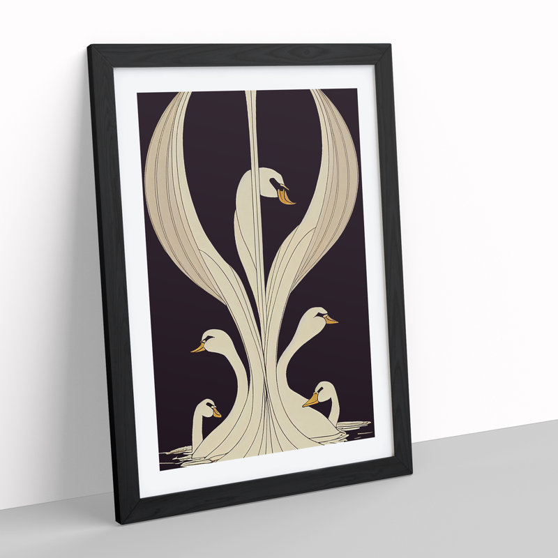 XV1022-798X Art Nouveau Swan - Single Picture Frame Print, Black, 34cm H x 25cm W