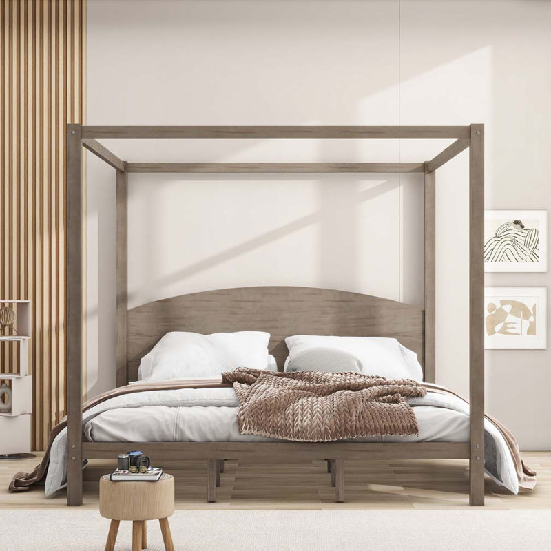 Lit plateforme à baldaquin en bois avec pieds de support, Gris délavé