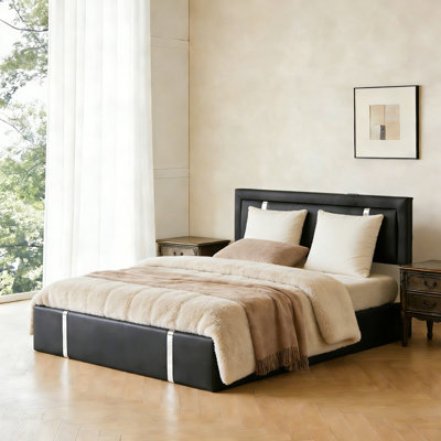 Full Size Bed Frame with Adjustable LED Lights Headboard, USB-C Charging Ports, Faux Leather Upholstered Platform Bed, Metal Slats Support, Black
