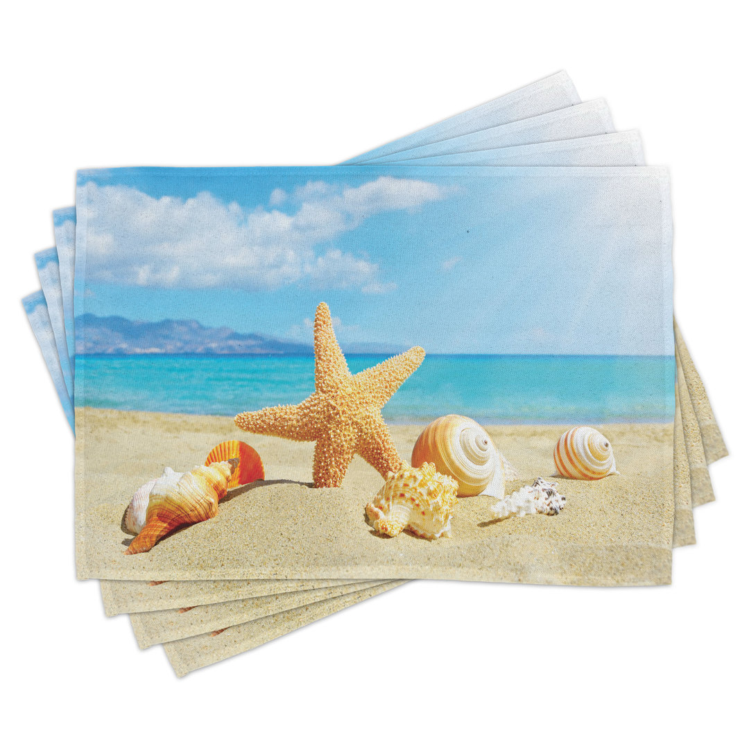 Platzdeckchen 4er Set, Strandsand mit Seestern, Aqua Elfenbein Senf