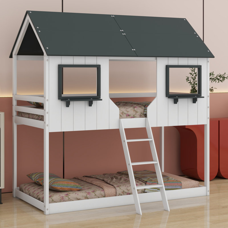 Bunk Bed With Roof, Window, Guardrail, Ladder, White/Gray