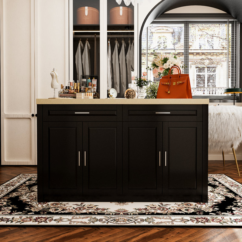 Modern Closet Island With Stone-Textured Top & Built-In Power Outlets, Black