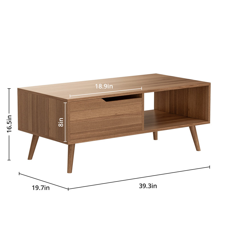 Table basse de 39 po, table basse moderne Mid-Century avec tiroir et tablette, Brun
