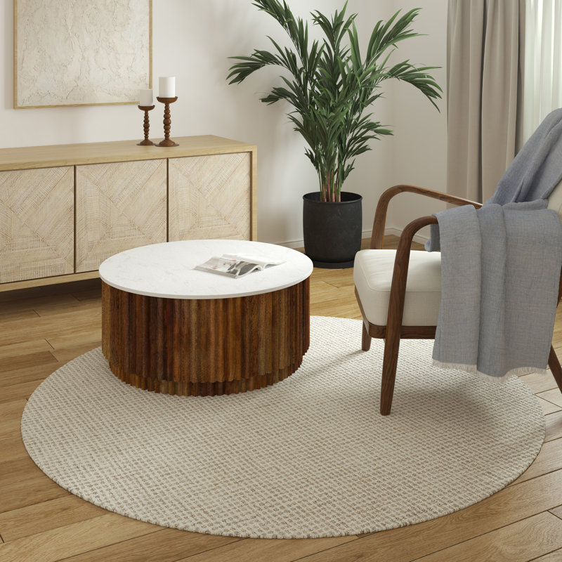 Abstract Contemporary Grid Handmade Wool Blend Area Rug, Round 8', Beige/Ivory