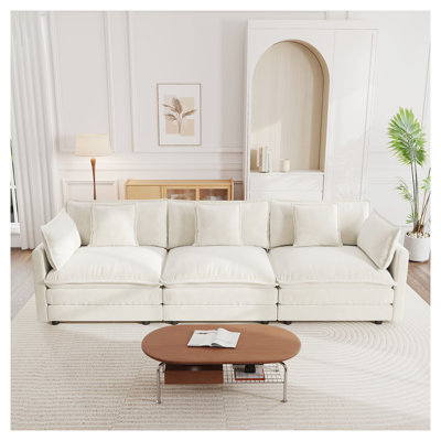 Mid-Century Modern White Chenille 3-Seater Sofa with Throw Pillows, Modular Living Room Couch