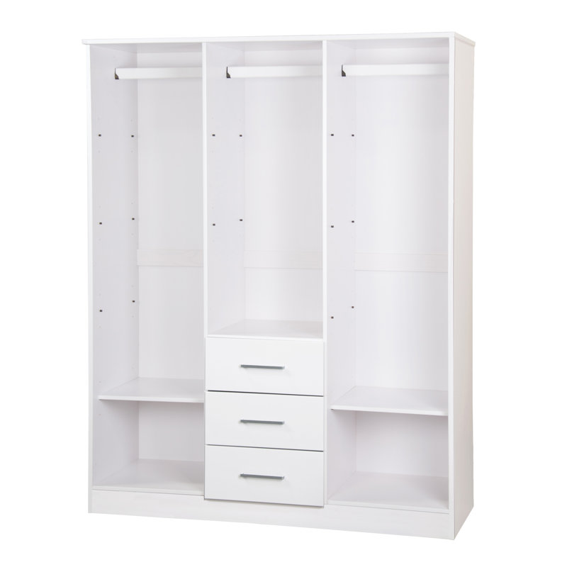 Armoire-penderie à 100% en bois massif avec miroir, tiroirs et tablettes réglables Aveah, Blanc