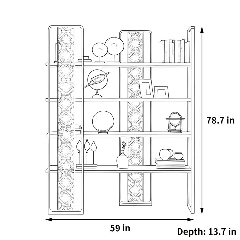 Luxurious and fashionable bookcase, Gold/Brown, (4 Shelves) 78.7"H x 59"W x 13.7"D
