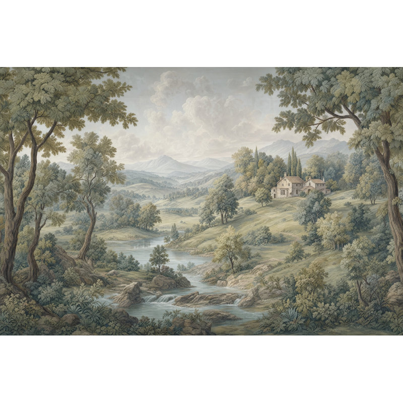 Papier peint ciel nuageux, paysage champêtre, villa rustique, fresque murale, 140 po x 108 po, Peler et coller