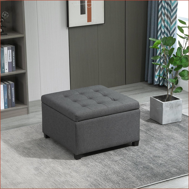 Repose-pieds avec rangement, dessus capitonné gris ardoise, cadre en bois pour le salon, la chambre à coucher, le vestibule | Bois | Gris ardoise