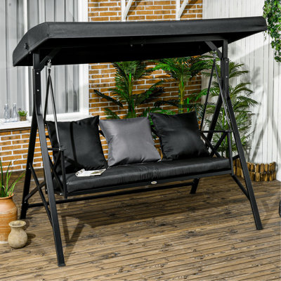 3-Seat Patio Swing Chair, Porch Swing Glider with Cushion, 3 Throw Pillows & Adjustable Canopy for Porch, Garden, Poolside, Backyard
