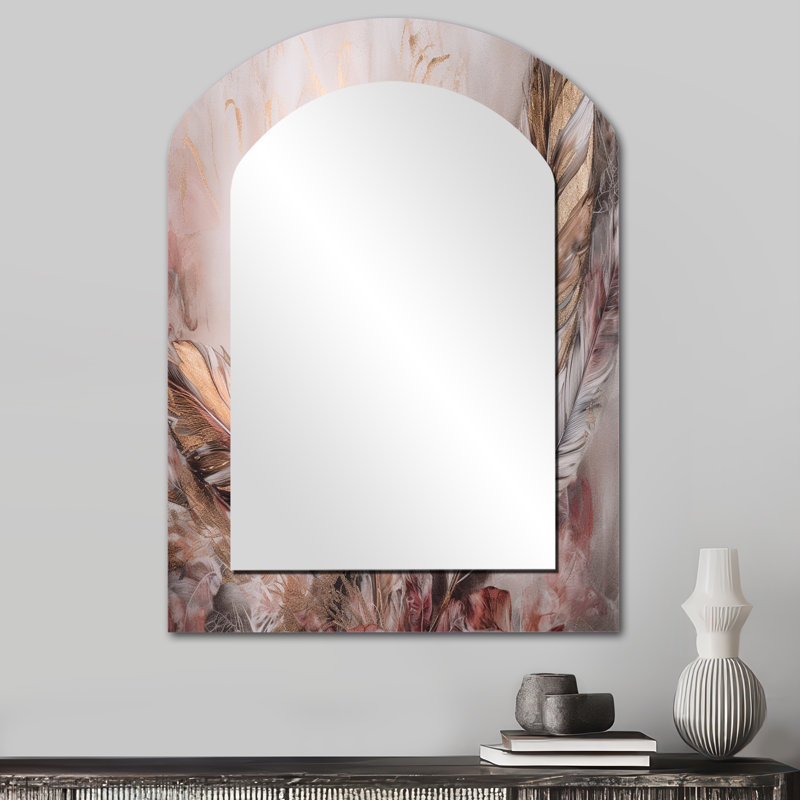 Gold Glamorous Feathers Of Boho Fantasy IV - Glam Feather Arch Decorative Wall Mirror, Modern Asymmetrical Mirror, Printed Metal Art