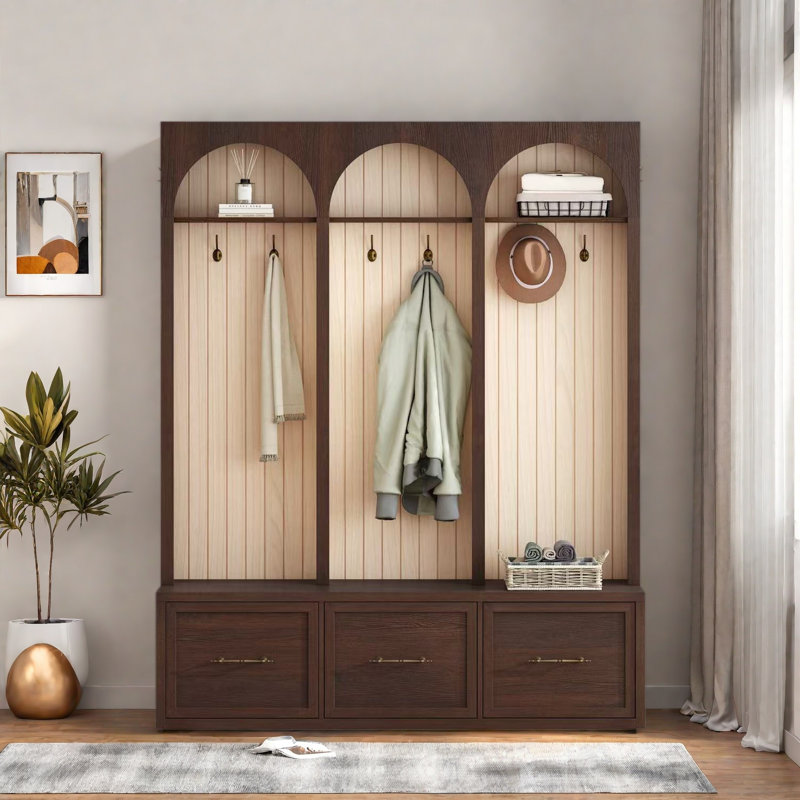 Farmhouse Wooden Style Hall Tree With Arched Design, Bench, 8 Retro Hooks, And 3 Drawers, Dark Walnut
