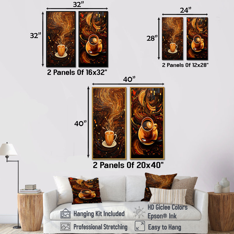 «Coffee Dreamy Mug», ensemble de 2 impressions murales café et thé, H 28 po x l 25 po, Toile tendue