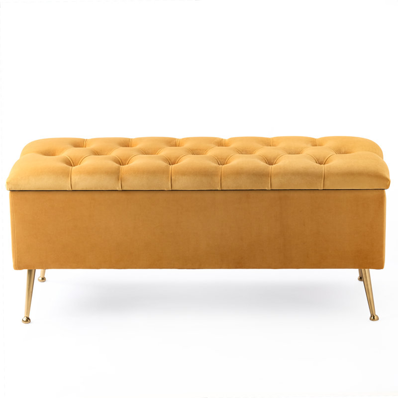 Amara Wide Velvet Tufted Rectangle Storage Ottoman Footstool Upholstered Bench with Legs for Living Room & Bedroom, Yellow