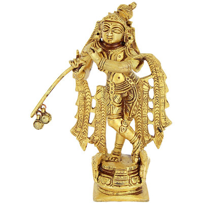 Statue de Bhawawan Krishna en laiton fabriquée à la main de 5 po - Vitthala Krishna