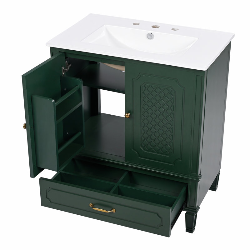 Meuble-lavabo multifonctionnel avec porte et tablette, Vert foncé, Doré