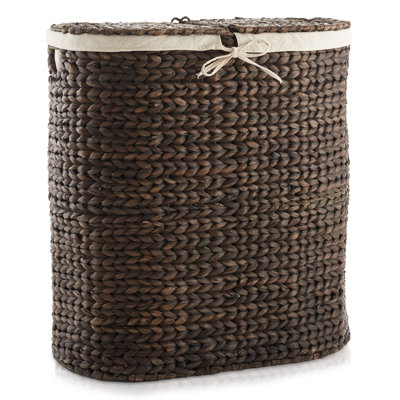 Casafield Oval Laundry Hamper with Lid, 2-Section Water Hyacinth Laundry Basket