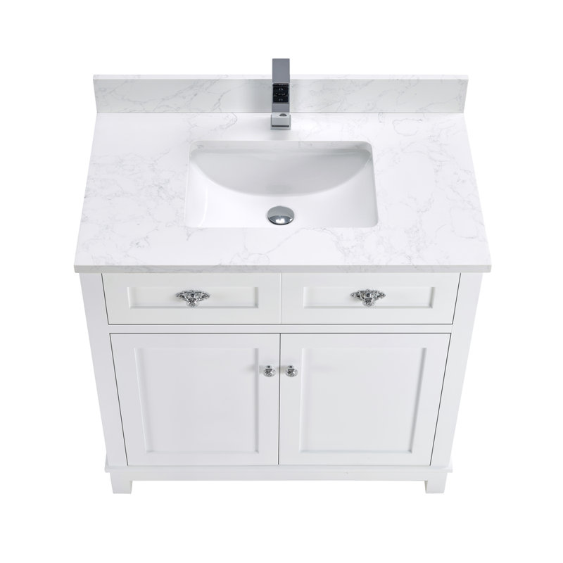 36" Solid Wood Sink Vanity With 1' Artificial Stone Top, Polished Chrome, White