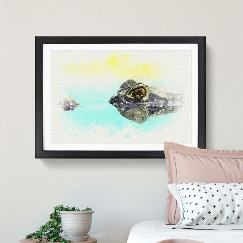 Peering Crocodile in Abstract - Picture Frame Graphic Art Print, 48cm H x 65cm W x 2cm D, Black Framed