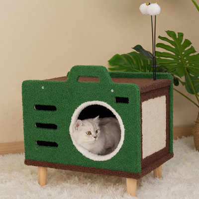 Cozy Green Radio Cat Bed With Scratching Board, Square Integrated Cat House With Radio Style