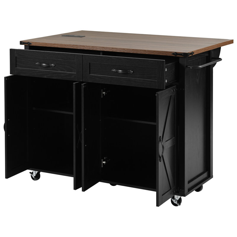 53.5''Farmhouse Kitchen Island With Power Outlet, Kitchen Storage Island With Drop Leaf, Spice Rack And Drawer, Rolling Kitchen Cart On Wheels, For Home, Kitchen And Dining Room, Black