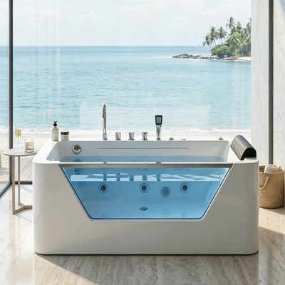 67" Freestanding Whirlpool Soaking Acrylic Bathtub with 7 Massage Jet and LED Lights