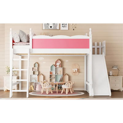 Lit mezzanine Queen avec étagères de rangement et armoire, lits mezzanine en bois massif avec glissade et échelles amovibles, sans sommier, rose et blanc.