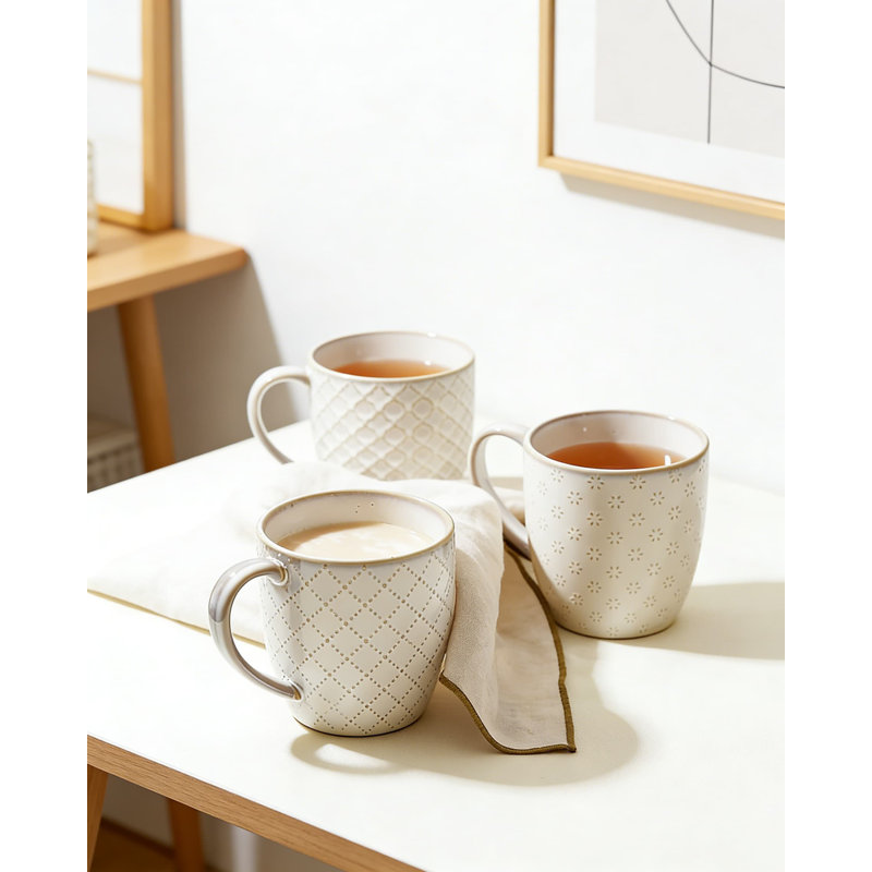 Ensemble de tasses à café en céramique de 4 tasses de poterie texturées de 12 oz pour café et thé, allant au micro-ondes et au lave-vaisselle pour un usage quotidien