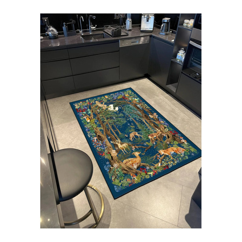 Tapis décoratif bleu à motif géométrique et botanique, Rond 3 pi 4 po