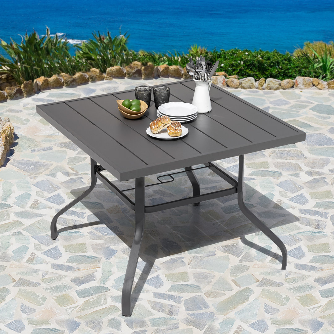 Outdoor Square 37 Inch Iron Long Dining Table with 1.57'' Umbrella Hole, Slatted Tabletop and Powder-coated Iron Frame, for Patio Lark Manor™