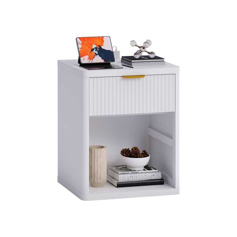 Fluted Nightstand with Charging Station, Modern Bedside Table with 1/2/3 Drawers & Open Storage, Metal Handles, Curved Edge, for Bedroom & Living Room
