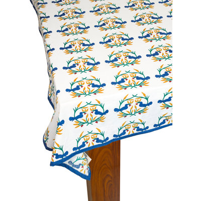 Bluebird Blooms Block Print Cotton Tablecloth