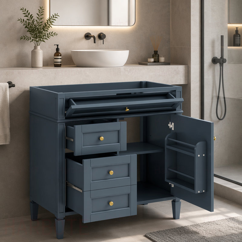 Meuble-lavabo de salle de bain sans lavabo supérieur, armoire de rangement moderne avec 2 tiroirs et un tiroir basculant, cadre en bois massif