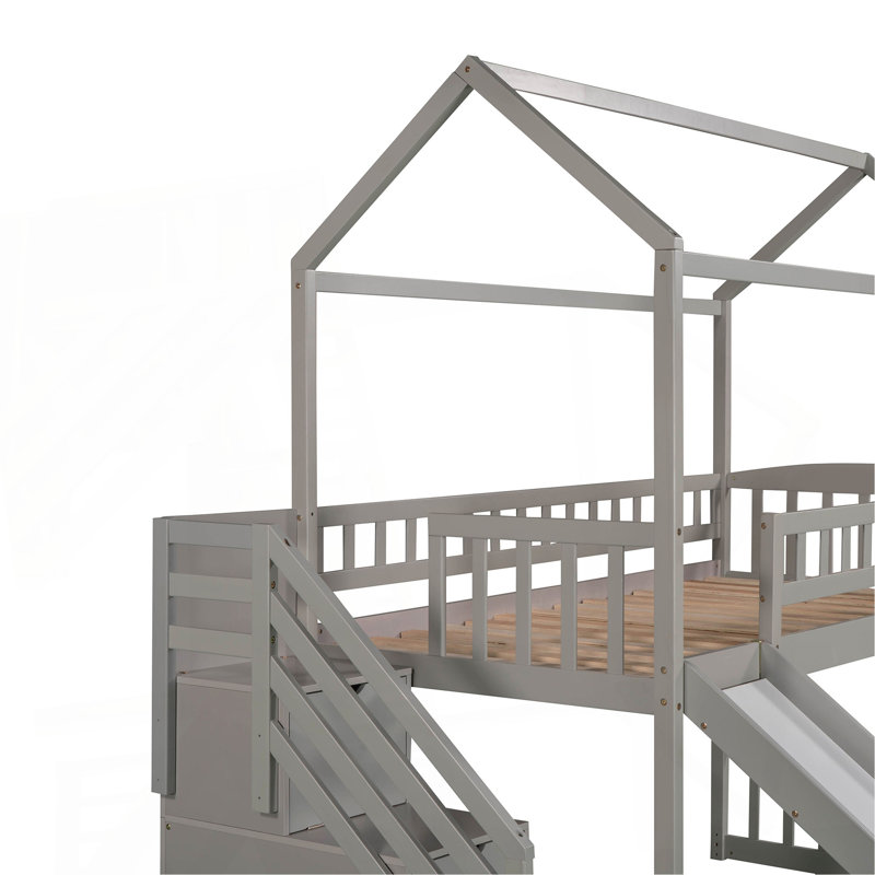 Lit mezzanine simple avec deux tiroirs et glissade, lit maison avec glissade, Gris