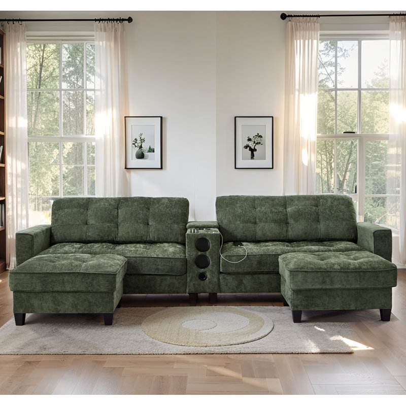 Canapé modulaire intelligent en forme de U, haut-parleurs Bluetooth et lumières RVB, Vert