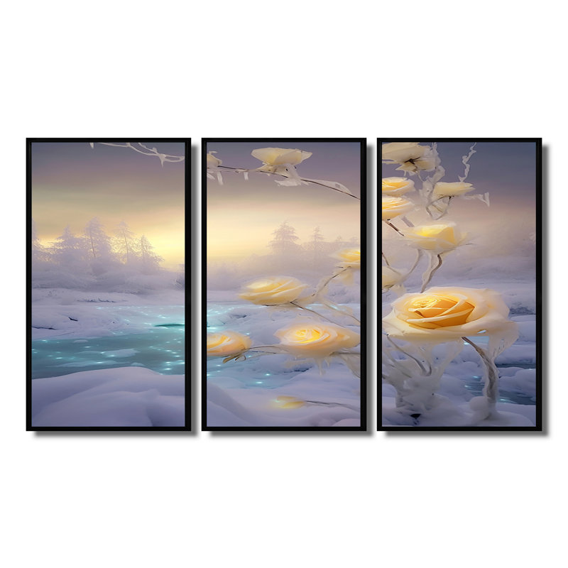 Ensemble d'art mural Middleborough - Roses, Cadre flottant noir, H 40 po x l 60 po x P 1 po