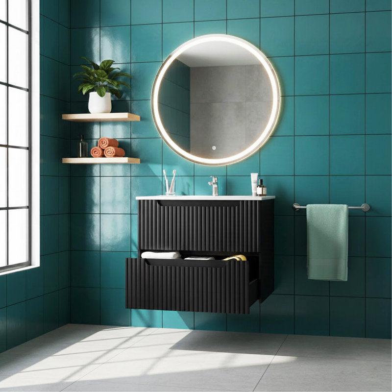 Ensemble de meuble-lavabo mural 30 po avec évier flottant, système de fermeture en douceur, 2 très grands tiroirs, noyer, 24"