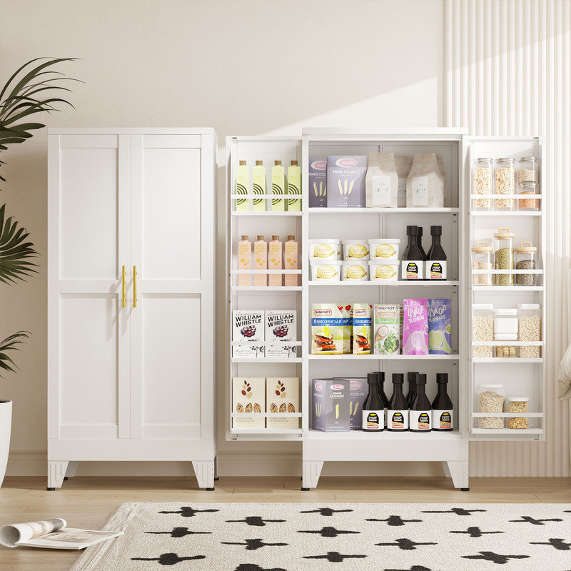 Armoire de rangement en métal pour garde-manger avec portes et tablettes réglables, Blanc